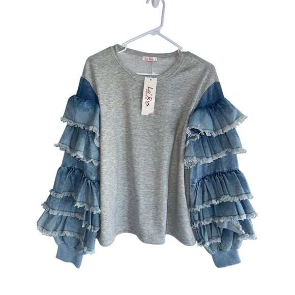 NWT La Ros Womens Denim Sleeve Sweatshirt Pullover Top Sz M Gray Blue - Picture 1 of 6